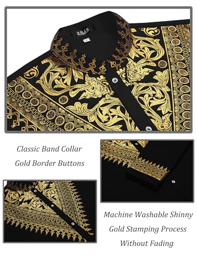 Mens African 2 Piece Set Metallic Traditional Suit Gold Stamp Printed African Dashiki Shirt and Pants Outfit - color: Black, size: XX-Large