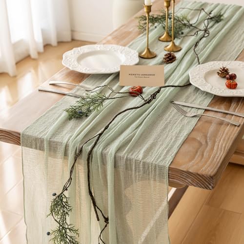 Keketoarrange Sage Green Table Runner Cheesecloth 120 Inch 10 FT Rustic Boho Cheese Cloth Table Runner for Wedding Baby Shower Bridal Shower Sheer Gauze Centerpiece Summer Boho Home Decorations - color: Sage Green, size: 35"x120"(Pack of 1)
