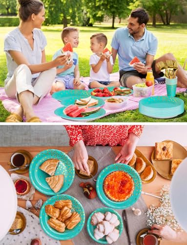 Nkaiso 141Pcs Teal Gold Paper Plates and Napkins Party Supplies-20 Guests - color: Blue Green and Gold