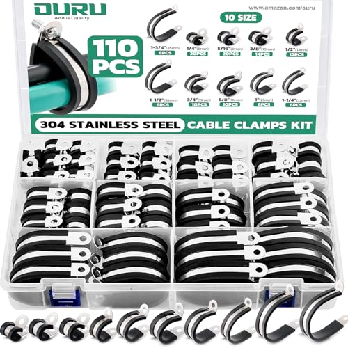 OURU 110PCS Cable Clamps Assortment Kit,Rubber Coated, 1/4"-1-3/4" 10 Sizes | 304 Stainless Steel, Anti-Vibration, Rust Resistant, Secure Hold, Automotive Wire, Pipe & Tube Mounting, Cable Management - size: 110PCS KIT