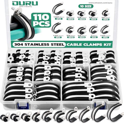 OURU 110PCS Cable Clamps Assortment Kit,Rubber Coated, 1/4"-1-3/4" 10 Sizes | 304 Stainless Steel, Anti-Vibration, Rust Resistant, Secure Hold, Automotive Wire, Pipe & Tube Mounting, Cable Management - size: 110PCS KIT