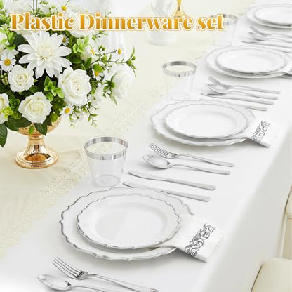Glowserve 175 Piece Disposable Plastic Plates Dinnerware Set for 25 Guests - color: Silver