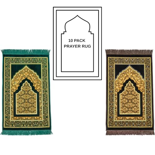 Muslim Prayer Rug, 10 Pcs, Soft Plush Thin Islamic Prayer Mat, Janamaz, Sajada, Praying Carpet, Islamic Gift for Men & Women, Islamic Ma, Eid & Ramadan Gift with Prayer Beads, 26x43 inch - color: Kaaba / 10 Mix