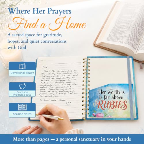Hardcover Blank Spiral Christian Notebook – 140 Quality Pages | Lined Pages with Bible Verse Cover – Inspirational Writing Notebook for Bible Study, “Her Worth Is Far Above Rubies" - color: Rubies