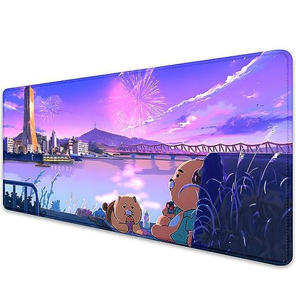 Cartoon Bear Large Desk Mat, Fireworks Theme - Gaming Mouse Pad for Computer, Office, Home (27.5x11.8 in) - color: Fireworks and Bears