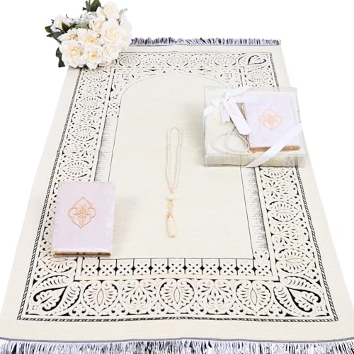 IEF Personalized Prayer Rug Quran Prayer Beads Islamic Gift Set, Ramadan Eid Wedding Birthday Mother's Day Father's Day Anniversary Day Gifts - color: Beige