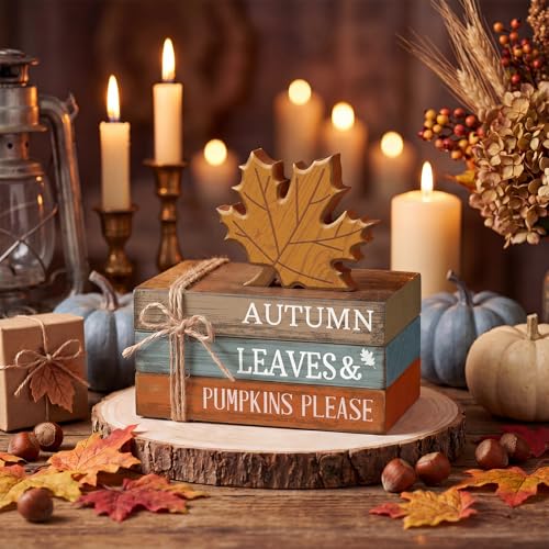 4 Pcs Fall Decorations for Home Rustic Autumn Wooden Maple Leaves Book Stack Block Sign Decorative Fall Tiered Tray Decor Thanksgiving Table Centerpiece for Harvest Office Kitchen Shelf Indoor - style: Maple Leaves