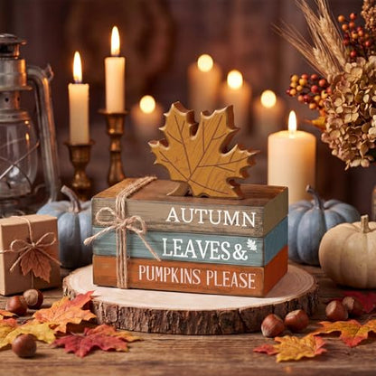 4 Pcs Fall Decorations for Home Rustic Autumn Wooden Maple Leaves Book Stack Block Sign Decorative Fall Tiered Tray Decor Thanksgiving Table Centerpiece for Harvest Office Kitchen Shelf Indoor - style: Maple Leaves