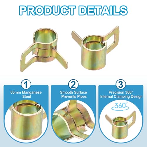PATIKIL Spring Band Hose Pipe Clamps for 6-6.8 mm OD Hose, 50 Pack Silicone Vacuum Constant Tension Band Clips for Fuel Line Silicone Air Hose Tube Water Pipe, Gold - size: 6-6.8 mm