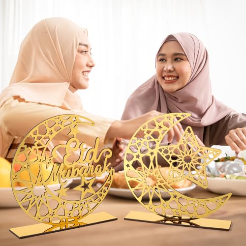 2 Pieces Acrylic Ramadan Decorations Islamic Eid Mubarak Kareem Table Sign Moon Hollow Star Ornament for Muslim Party Tabletop Decor Home Art Craft Decoration Golden Moon - style: Star