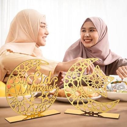2 Pieces Acrylic Ramadan Decorations Islamic Eid Mubarak Kareem Table Sign Moon Hollow Star Ornament for Muslim Party Tabletop Decor Home Art Craft Decoration Golden Moon - style: Star