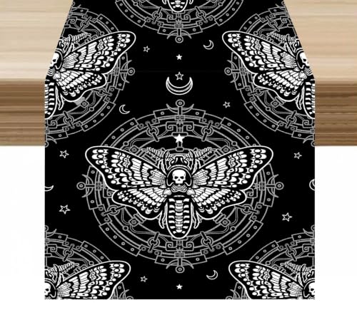 Skeleton Table Runner Gothic Black White Skull Moth Halloween Pattern Decor for Indoor Outdoor Party Dinner Festival Farmhouse Holiday Home Kitchen Dining Room, 13x36in - color: Skeleton-black2, size: 13x36in