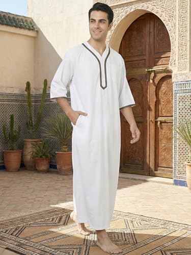 Mens Kaftan Thobe V-Neck Half Sleeve Muslim Robe Dubai Long Gown Saudi Arab Thobe Robes for Summer Beach - color: White, size: Medium