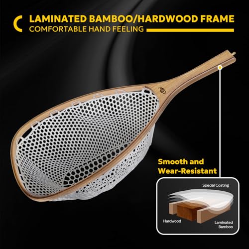 SF Fly Fishing Landing Net Soft Rubber Mesh Trout Net Catch and Release Net - style: Square Head Combo-elm Wood a