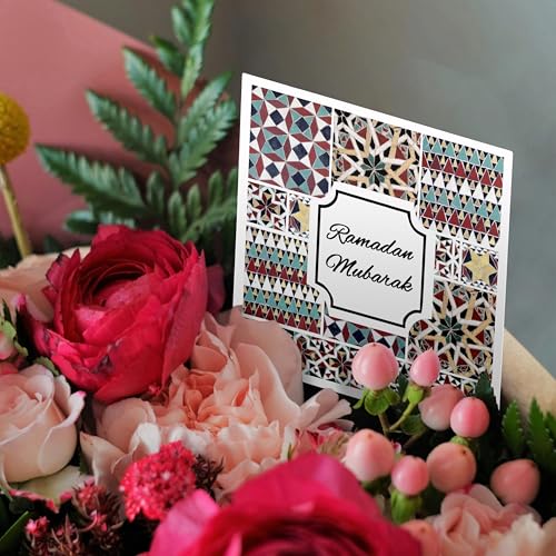 3dRose Ramadan Mubarak - Blessed Happy Eid Wish - Red Mint Turquoise Mosaic 1 Greeting Card with envelope