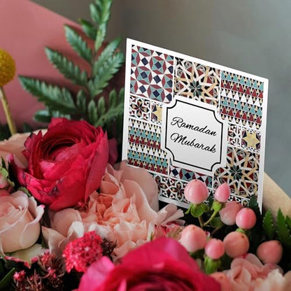 3dRose Ramadan Mubarak - Blessed Happy Eid Wish - Red Mint Turquoise Mosaic 1 Greeting Card with envelope