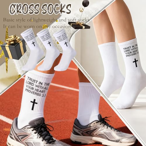 3 Pair Christian Socks Prayer Garter Bible Verse Birthday Gift for Dad, Mom, Husband, Son, Easter, Christmas - color: Proverbs 3:5 - White