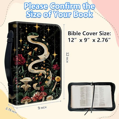Bible Cover Case for Women, PU Leather Large Bible Cases with Zipper Fits Books Up to 12" x 9" x 2.76”, Bible Carrying Bag for Men, Plant Serpent Spell - color: Plant Serpent Spell