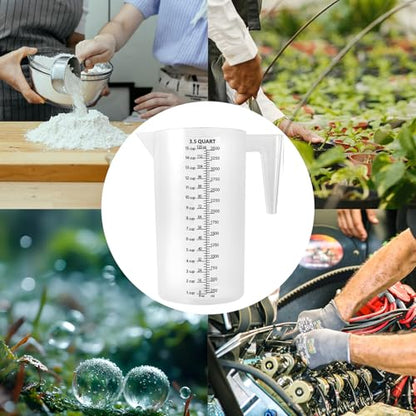 120oz Plastic Measuring Pitcher, 3500ml for Oil, Chemicals & More | Clear laser-etched markings, easy-pour spout, sturdy handle, and large 120oz capacity for measuring and mixing liquids. - size: 120 Ounces