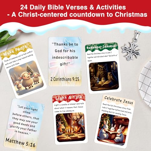 Religious Christian Advent Calendar 2025 for Kids – 24 Mindful Bible Verse Kindness Advent Scripture Activity Cards with Fun Act, Sunday School Christmas Countdown, Jesus Advent Activity for Family