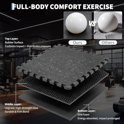 Garvee Exercise Equipment Mats 0.56" Thick 48 Sq ft Gym Flooring – 12 Tiles (24" x 24") Rubber Top with High Density EVA Foam, Interlocking Puzzle Workout Mats for Home Gym Exercise– Black/Grey