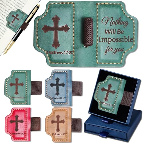 Bygone Mark Personalized Magnetic Leather Bookmark with Pen Holder,Inspirational Bible Verse Religious Bookmarks,Christian Book Lovers Reading Accessory for Men Women (Green, Matthew 17:20) - color: Green, size: Matthew 17:20