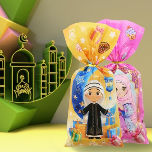 Eid Mubarak Cellophane Treat, Lovely Muslim Ramadan Decorations Cartoon Print Goodie Bags Candy Cellophane Goody Favor Gift Bags for Kids Boys Girls, Muslim Islamic Eid Iftar Diwali Party Supplies
