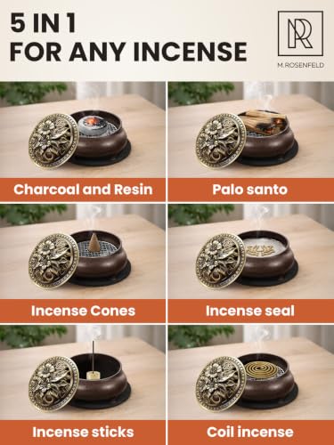 Bakhoor Incense Burner for Charcoal & Resin – Ceramic Frankincense Burner with Lid, Stainless Steel Mesh and Heat-Resistant Cotton Lining for Daily Ritual, Matte Brown - color: Brown