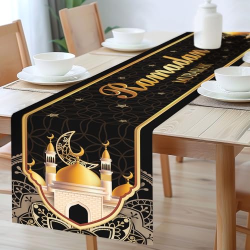 Ramadan Table Runner Ramadan Mubarak Table Runners Black Gold Linen Ramadan Table Runner for Home Party Ramadan Table Decorations 13 X 72 Inch - color: Black and Gold