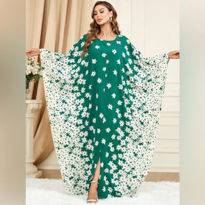 IDOPIP Abayas for Women Muslim Ramadan Dress Long Sleeve Floral Maxi Moroccan Kaftan Dress Loose Islamic Dubai Pakistani Robe - color: Green Flower