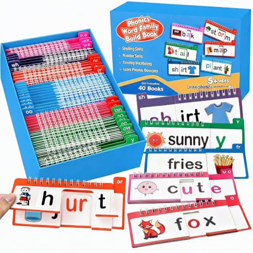 40 Read and Rhyme Flip Books, Sight Words Flash Cards Kindergarten Learning Games, Word Family Building Books for Homeschool, Learn to Read Phonics Flash Cards for Kids Classroom Preschool Reading
