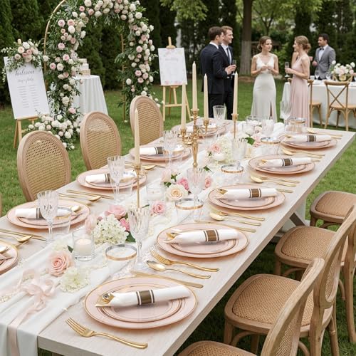 WDF Partyware 175PCS Pink plastic Plates - Pink Disposable Plates 25Guests Disposable Dinnerware Sets with Rolled Napkins for Wedding/Birthday/Baby Shower - color: Pink, size: 175PCS