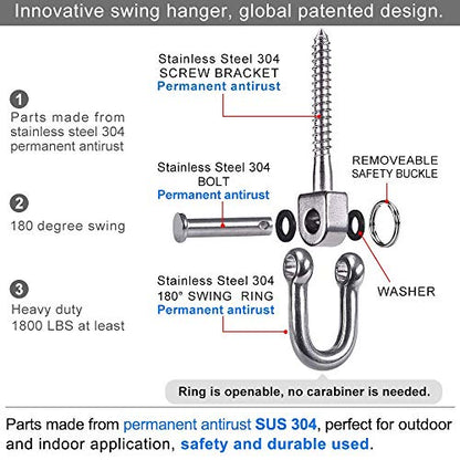 SELEWARE 2 Pack Swing Hangers Swing Set Hooks Stainless Steel Hammock Hooks for Porch Swing, Hammock Chair, Heavy Bag, Yoga Silk, Suspension Straps, Gymnastics Rings - color: Stainless 2 Pack Swing Hooks