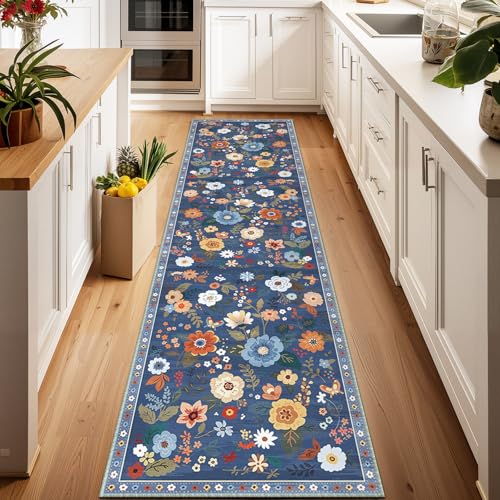 Floral Washable 2x8 Area Rugs Runner Entryway Hallway Blue/Grey - color: Blue/Grey, size: 2' x 8' (Runner)