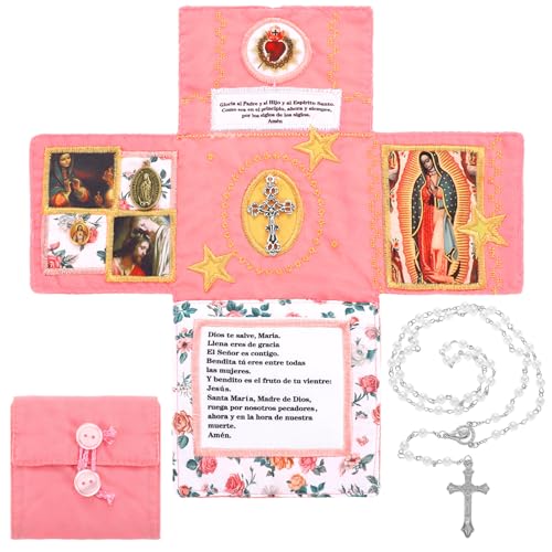 HunnmingRe Handmade Catholic Pocket with Silver Prayer Cross, Catholic Pocket Shrine with Built in Pearl Rosary Cross Prayer Quilt Portable Faith Altar Christian Gift for Friends and Family