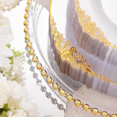 Hioasis 175pcs Clear and Gold Plastic Plates - Elegant Disposable Dinnerware Set Suitable for 25 Guests Include 10.25" Dinner & 7.5" Dessert Plates, Pre Rolled Silverware Set, Cups for Party & Wedding - color: Clear and Gold