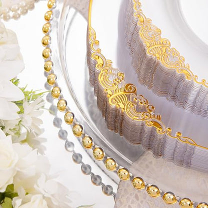 Hioasis 175pcs Clear and Gold Plastic Plates - Elegant Disposable Dinnerware Set Suitable for 25 Guests Include 10.25" Dinner & 7.5" Dessert Plates, Pre Rolled Silverware Set, Cups for Party & Wedding - color: Clear and Gold