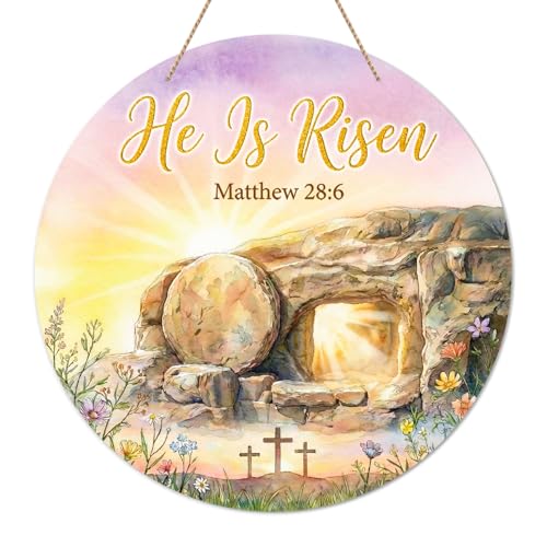 SICOHOME He is Risen Door Sign - 11.5" Vintage Resurrection Decor Sign Wreath, Religious Christian Gift Easter Door Decorations for Home, Porch, Wall, Party, Farmhouse Spring Indoor Outdoor - color: He is Risen 3