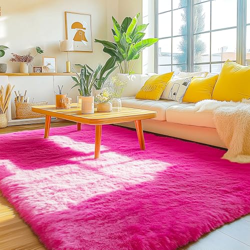 Soft Shag Fluffy Living Room Rug 5x7 Hot Pink Washable - color: Hot Pink, size: 5' x 7' (Rectangular)