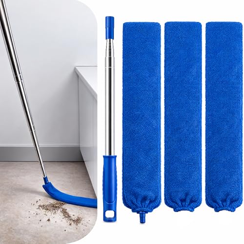 Retractable Gap Dust Cleaner with Extension Pole & 3 Microfiber Cloths | Cleaning Tools with 3 Microfiber Dusting Cloths | Long Handle Duster 30-100'' | Under Refrigerator Furniture Appliance Blue - color: Blue