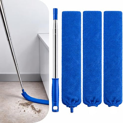 Retractable Gap Dust Cleaner with Extension Pole & 3 Microfiber Cloths | Cleaning Tools with 3 Microfiber Dusting Cloths | Long Handle Duster 30-100'' | Under Refrigerator Furniture Appliance Blue - color: Blue