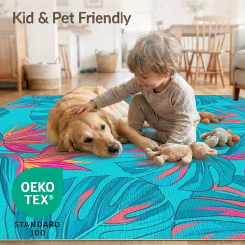 6'x9' Washable Modern Monstera Area Rug, Teal Non-Shedding Pet Friendly Room Rug for Queen Size Bedroom, Under Bed, Master Suite, Foldable Easy Care Carpet | Ref:1991833 - color: Blue/Pattern 26, size: 6' x 9' (Rectangular)