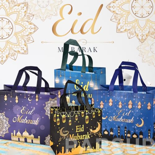 PARSUP 4PCS Eid Reusable Gift Bags, Assorted Sizes with Handles, Islamic Patterns, Non-Woven Material, Perfect for Eid Parties & Gift Giving