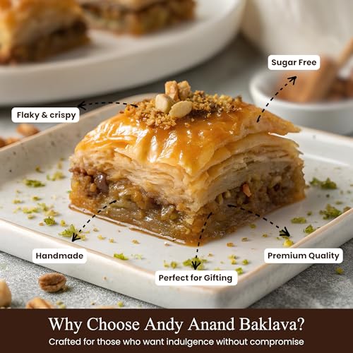 ANDY ANAND CHOCOLATIER Sugar Free Baklava - Turkish Baklava Pastry With Nuts, Delicious Edible Gift Box with Pistachio, Walnut & Hazelnut, Gourmet Assorted Flavor Snack Box (26 Pcs, 8.8 Oz)