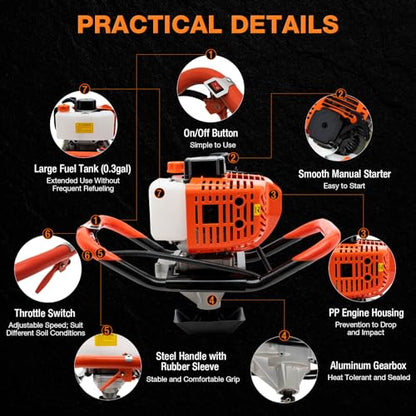 Auger Post Hole Digger, Gas Powered Earth Post Hole Digger Post Holes Earth Digger Petrol Drill Borer Bulb Planting Drill Fence Hole Maker Machine (52CC 2.3HP 1.7KW(30inch)) - size: 52CC 2.3HP 1.7KW(30inch)