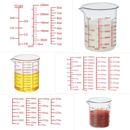 Ackers High Borosilicate Glass Measuring Cup Set with Pour Spout,60ml(2OZ),120ml(4OZ), 250ml(8OZ) Glass Measuring Beaker for Kitchen or Restaurant, Easy to Read - size: 60ml/120ml/250ml Measuring Cup Set