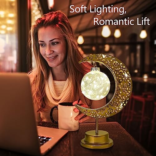 Decorative Table Lamp, Crescent Moon Lamp Ramadan Table Decor, Battery Powered Christmas Ramadan Desk Lamp Decorations for Home, Patterned Hollow Out Warm Boho Light for Bedrooms Nightstand