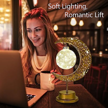 Decorative Table Lamp, Crescent Moon Lamp Ramadan Table Decor, Battery Powered Christmas Ramadan Desk Lamp Decorations for Home, Patterned Hollow Out Warm Boho Light for Bedrooms Nightstand