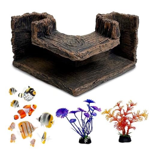 kathson Aquarium Hideaway Cave Underground Tunnel Hideout Resin Rock Dual Hole Hideout for Corners View Fish in Aquarium Decoration with 2PCS Plastic Aquatic Plants for Betta Shrimp Guppy Hide - color: Brown