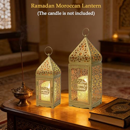 Ramadan Lanterns Gold Metal Islamic Fanous Hanging Candle Holder Decor for Ramadan & Eid, Eid Decorations for Home Table Window Porch, Large 14.6" & 11.4" Set of 2
